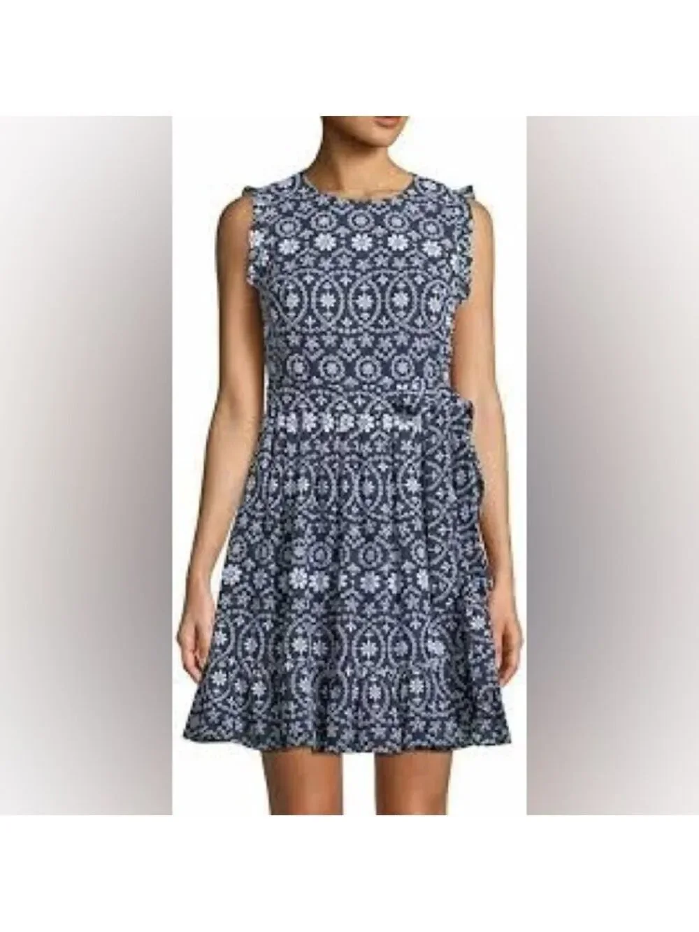 Kate Spade New York Sleeveless Navy and White Floral Eyelet Pattern Dress Sz 0